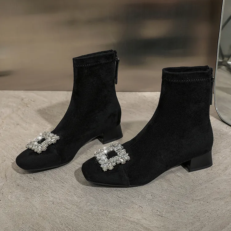 短靴女款秋冬新款爆款轻奢水钻方头低跟粗跟后拉链短筒马丁靴单靴