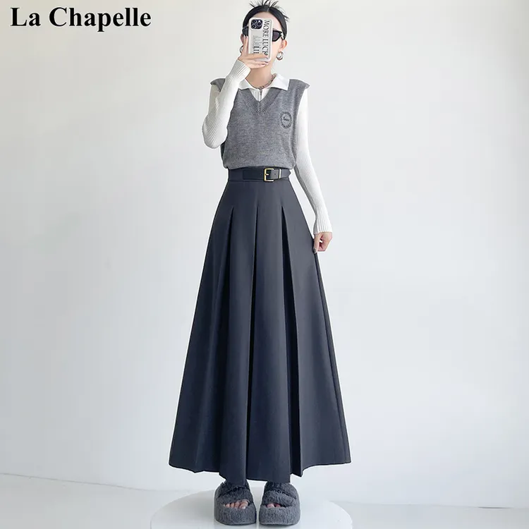 拉夏贝尔新款显瘦半身裙女2025秋季高腰简约A字百褶裙遮胯中长裙
