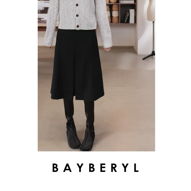 BAYBERYL老贝小禾裙*黑色纽扣立褶中长秋气质半身裙YQ5J1302-11/2