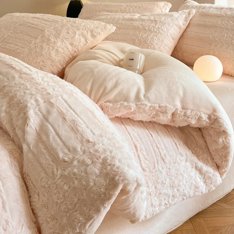 A类雕花兔毛绒床上四件套冬季加绒床品牛奶珊瑚绒被套法兰绒床单4