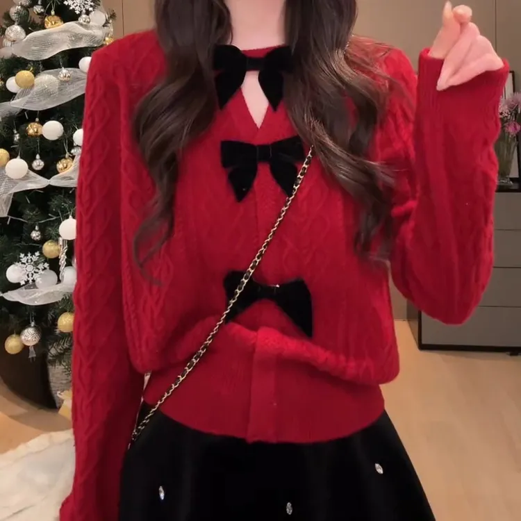 法式圆领撞色蝴蝶结长袖针织衫女2025秋冬甜美风显瘦软糯开衫毛衣