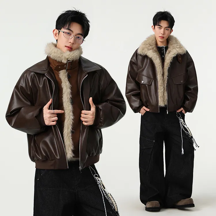 假两件PU皮棉服男款美式潮牌复古加厚毛领拼接冬季座山雕棉衣外套