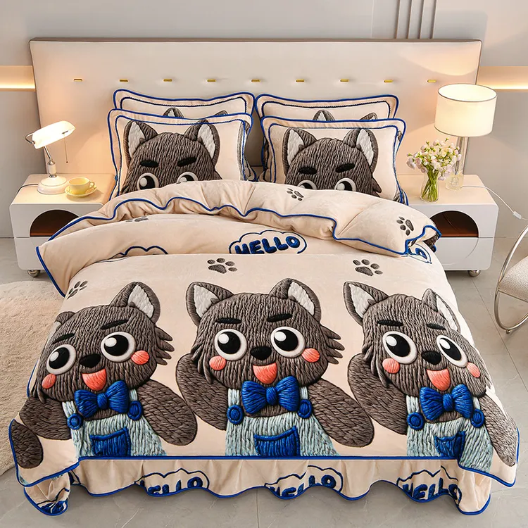 爱哩屋5D秋冬加厚床裙款卡通牛奶绒四件套保暖双面绒床单学生宿舍