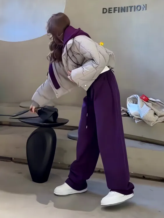 2025新款巨好看短款套装设计感紫色冬装棉服外套女款冬季棉袄裤子