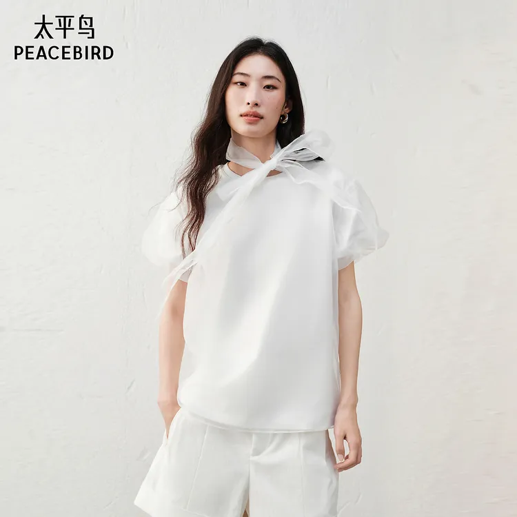 【商场同款】太平鸟女士夏季新款白色可拆卸飘带短袖T恤A1CNG241F