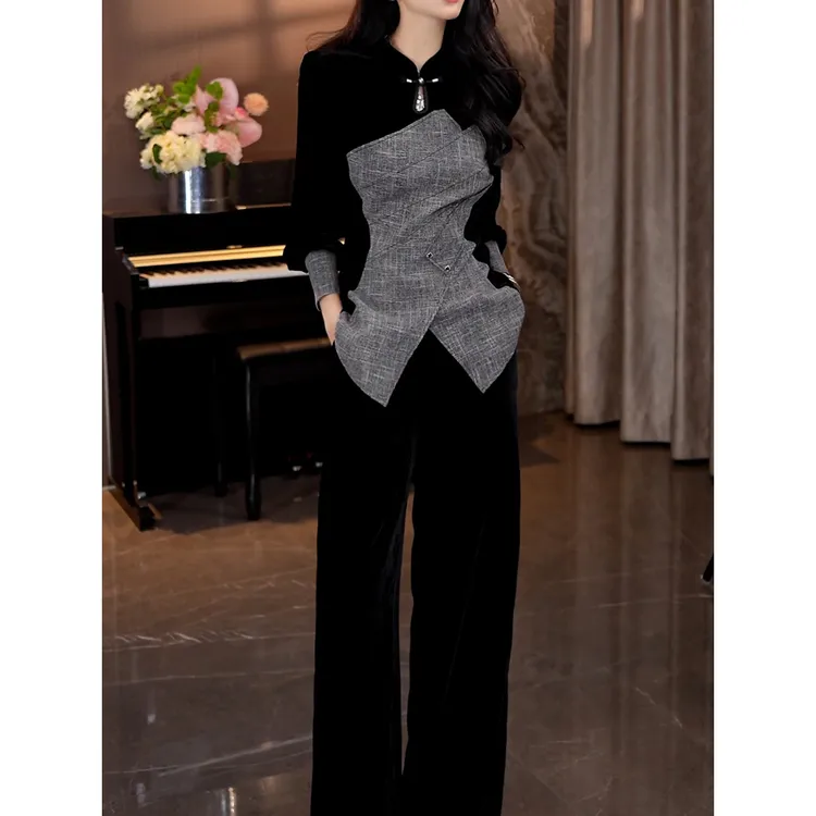 时尚高级感丝绒裤套装女2025秋季新款韩系拼接设计收腰上衣+裤子