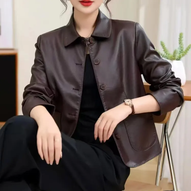 春季短款薄款时尚保暖翻领皮衣外套韩版皮衣女装秋季女士