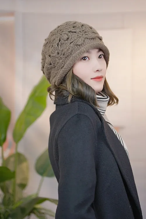 秋冬手工勾花帽子女士针织保暖套头帽卷檐双层百搭毛线帽花朵帽