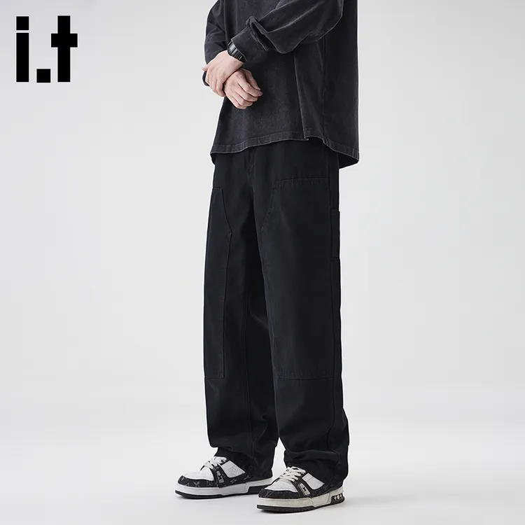 it.izzue黑色纯棉工装牛仔裤男款秋冬新款潮牌美式高街垂感直筒裤