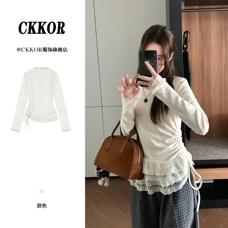 新款潮牌女装蕾丝花边半高领长袖t恤女秋冬保暖德绒内搭打底上衣