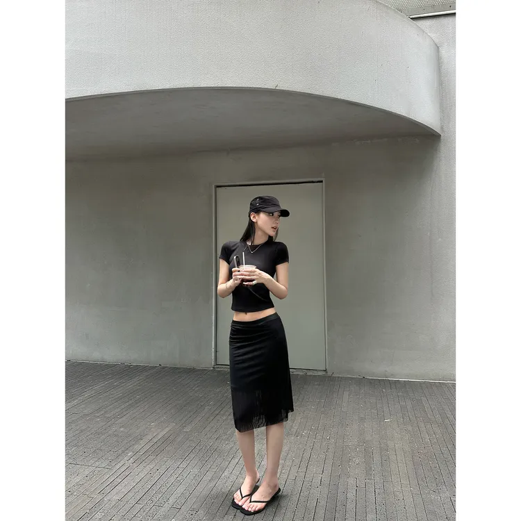 5werkwen 姐系天菜 弹力网纱双层半身短裙