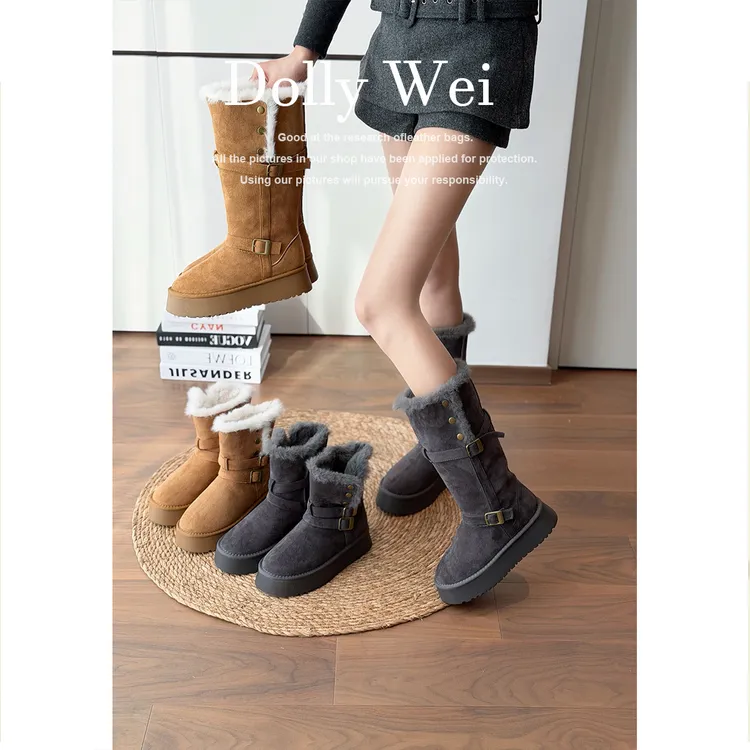 【Dolly Wei】皮带扣小香风冬季中筒保暖时尚雪地靴女韩系棉靴子女