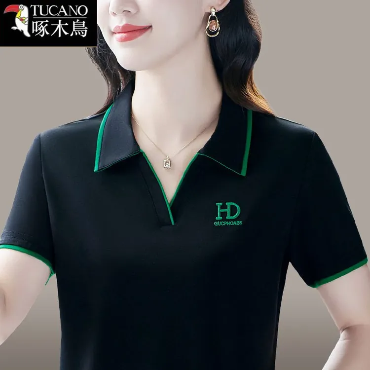 啄木鸟新款撞色短袖翻领V领T恤女夏季宽松显瘦洋气减龄假两件上衣