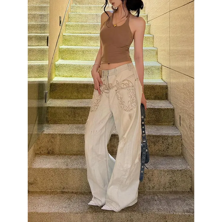 美式复古浅色刺绣弯刀牛仔裤女秋季低腰宽松直筒阔腿拖地镰刀裤子