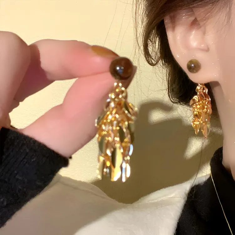 铜合金耳饰 金色麦穗流苏虎眼石耳环女高级感耳钉气质美拉德耳饰 