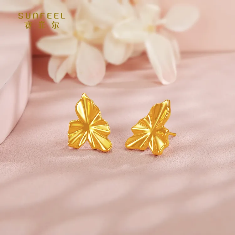 SUNFEEL/赛菲尔【七店】足金5D时尚树叶直针耳钉5DE00437