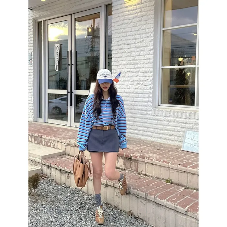 韩系复古慵懒风设计感翻领撞色条纹长袖上衣高腰显瘦小众休闲短裙