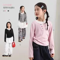 女童长袖t恤纯棉2025秋季新款时尚圆领纯色中大童假两件儿童上衣