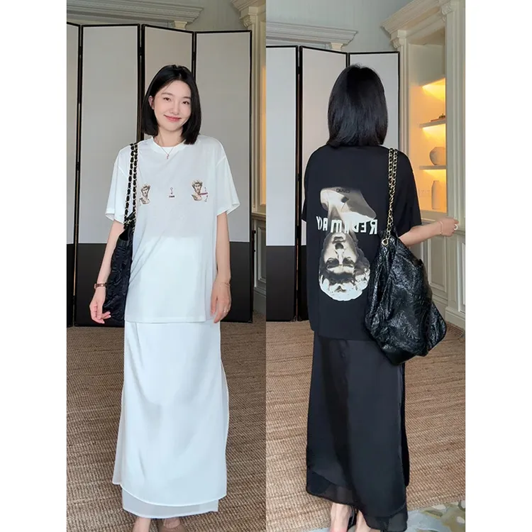 郭九九呢 天丝棉宽松圆领印花短袖T恤拼接开叉半身裙 G925A07801