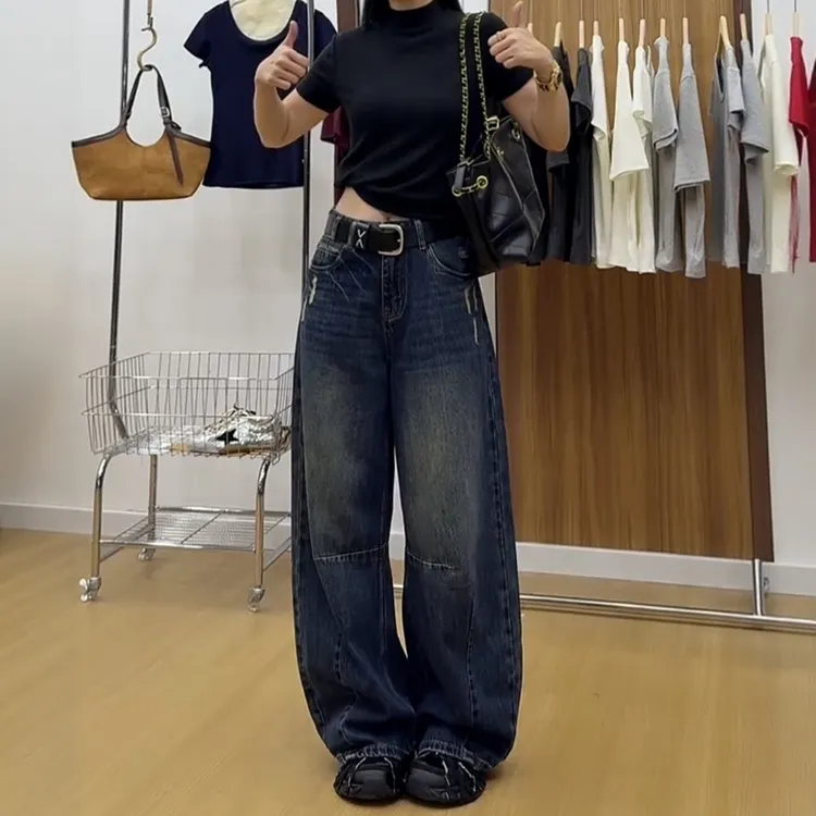 大码美式阔腿牛仔裤女秋季2025新款复古胖mm显瘦宽松直筒弯刀裤子