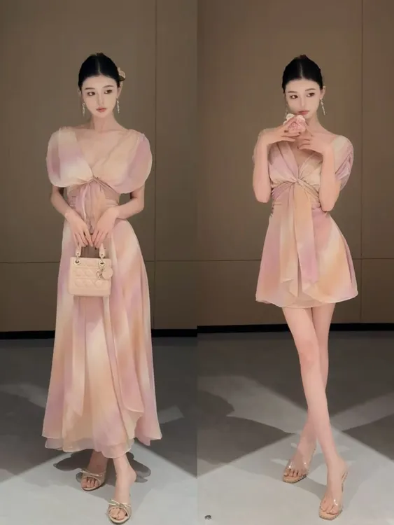 现货【春日部】温柔气质V领收腰连衣裙0933