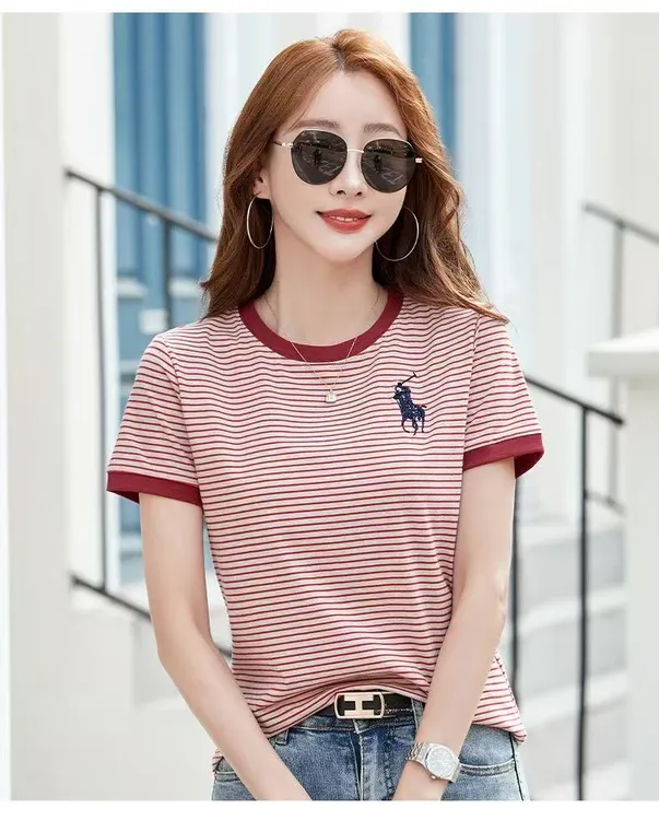 条纹短袖圆领撞色刺绣女装T恤减龄时尚新款韩版大码上衣YSK-500