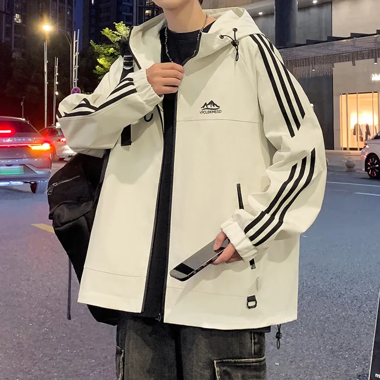 秋季新款青少年2025美式潮牌连帽夹克三条杠设计宽松有型男生外套