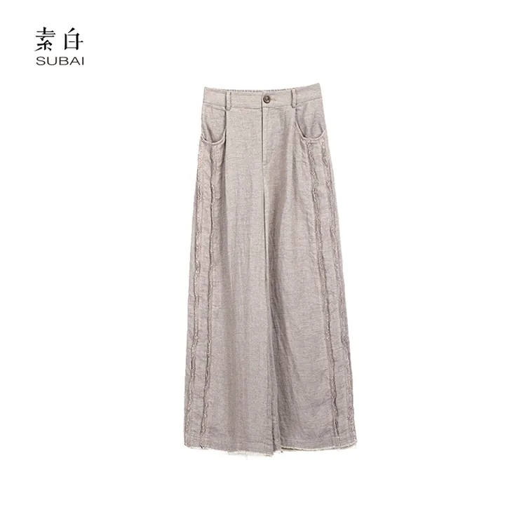 素白【调性】高腰垂感宽松亚麻毛边休阔腿裤SB2412CP00980