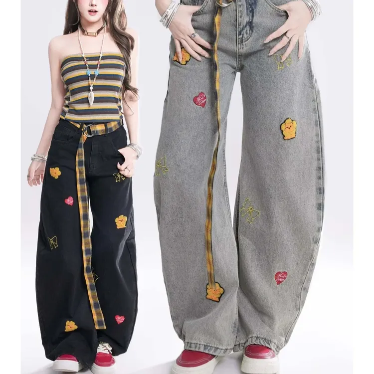 【茄子专属】卡通刺绣格纹腰带牛仔裤女25夏季新款宽松阔腿拖地长裤