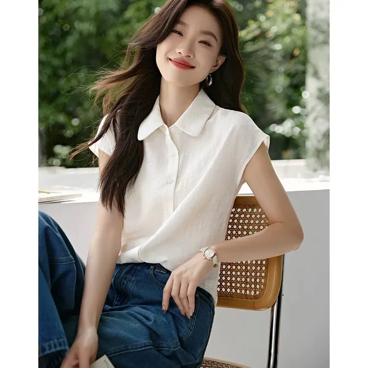 气质无袖翻领百搭内搭衬衫2025夏季新款通勤职场基础衬衫显瘦白色