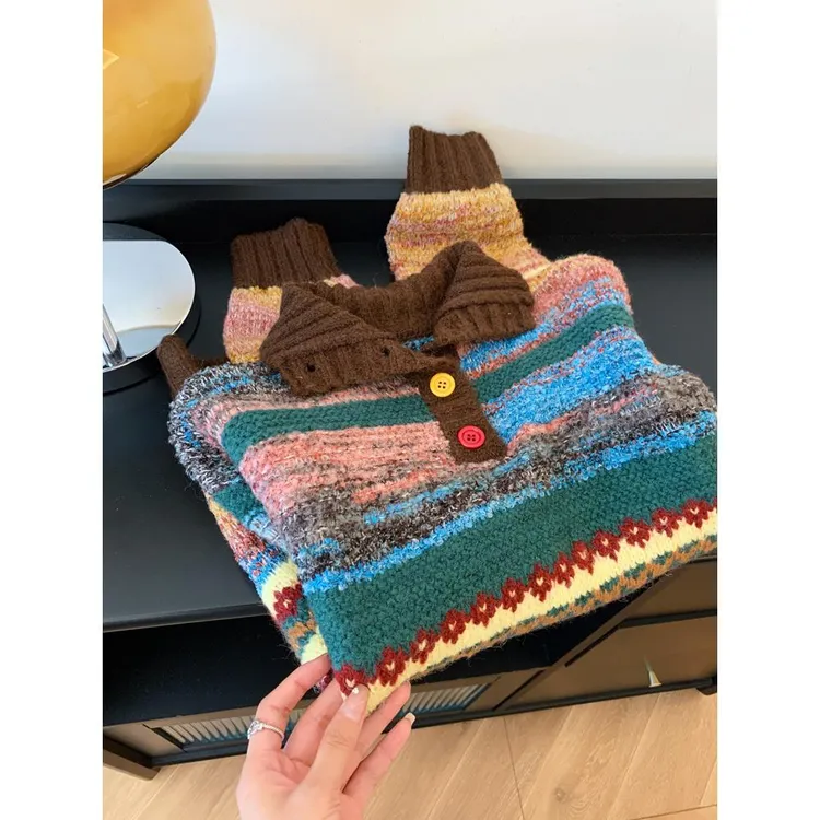 费尔岛彩虹条纹毛衣女秋冬季新款小个子套头毛衣加厚内搭针织衫