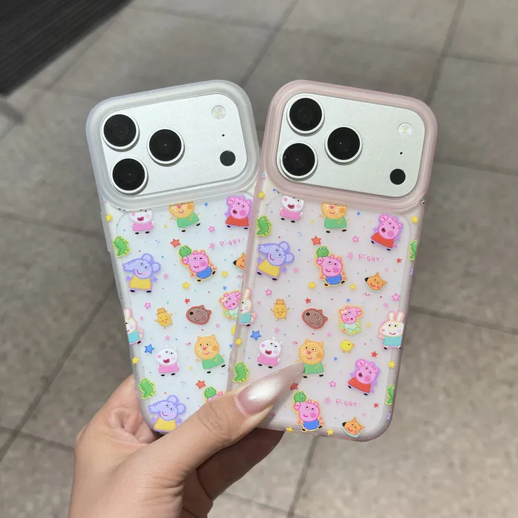 卡通彩色小猪佩奇情侣适用苹果17P手机壳iPhone大孔磨砂16防摔15