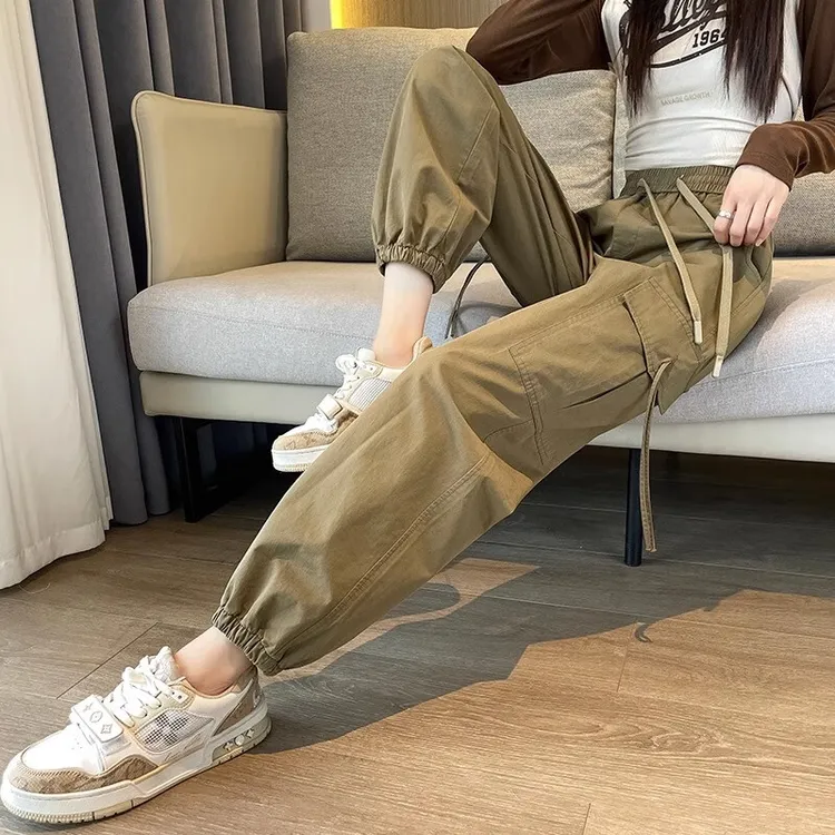 束脚工装裤女2025秋季新款高腰显瘦小个子美式休闲运动哈伦裤子