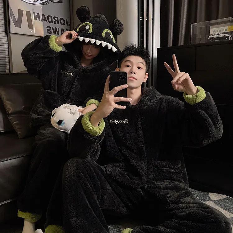 黑色无牙仔连帽睡衣女秋冬季珊瑚绒加绒加厚男士可外穿家居服套装
