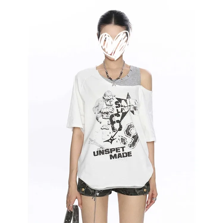 网红洋气衣服炸街女装涂鸦印花假两件露肩短袖T恤夏季宽松上衣服