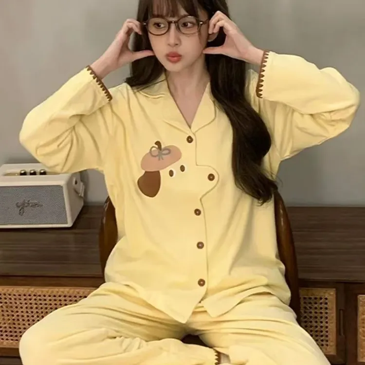 德绒肥佬加大加宽秋冬季双面保暖睡衣长袖网红休闲女士家居服卡通