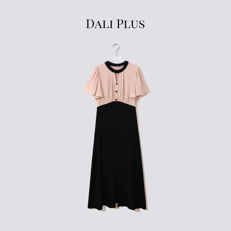 DALI PLUS“粉黑醋酸法式连衣裙”高级收腰感撞色连衣裙-D5LT2194
