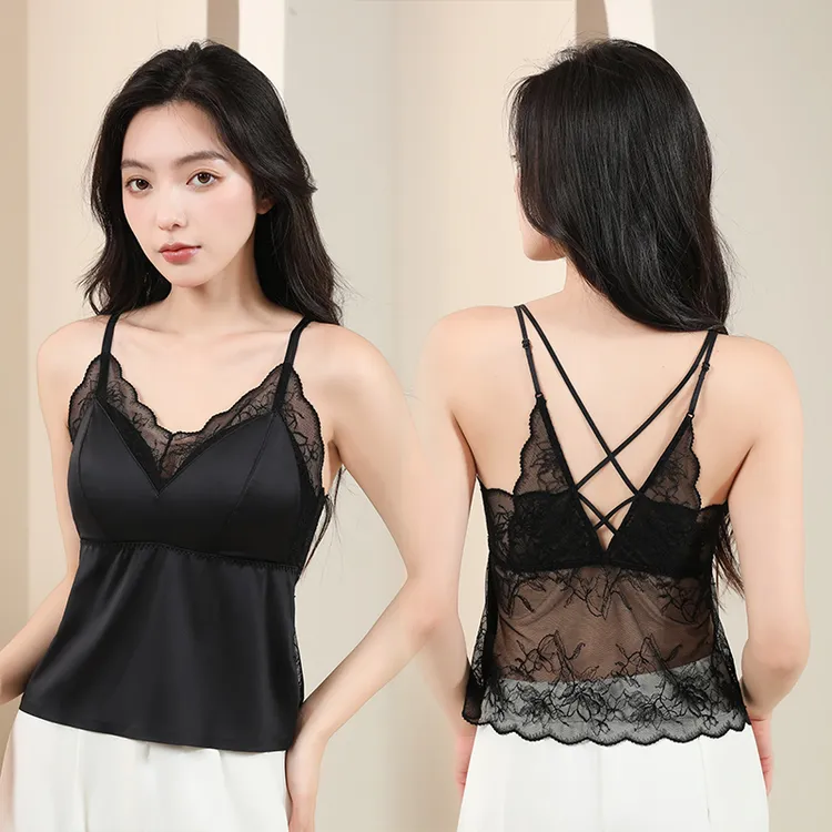 执感007纯欲蕾丝山茶花缎面抗菌交叉带内衣百搭轻薄款固定杯美背