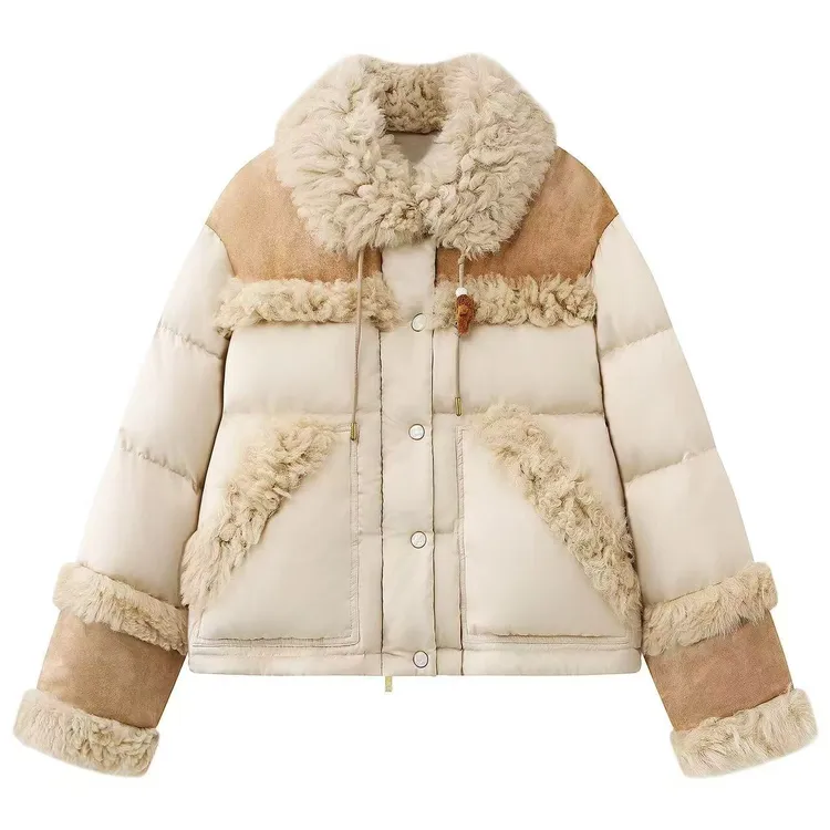 【暖冬奶茶】2025冬季新款时尚百搭宽松毛绒拼接羽绒服女.Y50157