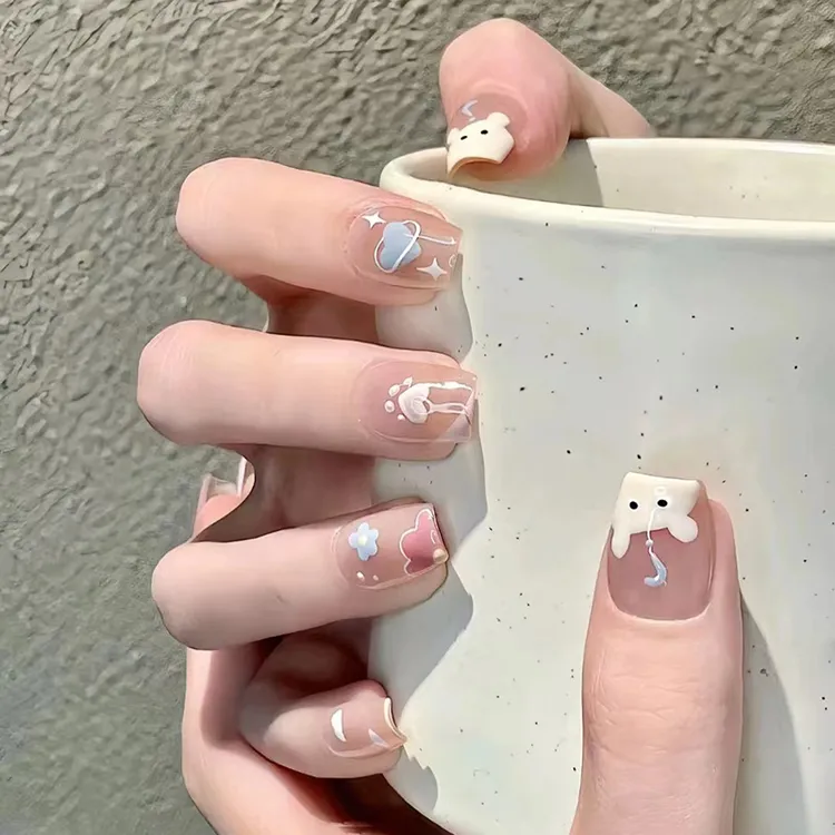 30片穿戴甲可爱卡通配色小花爱心斜法式甜美少女可拆卸美甲片30片