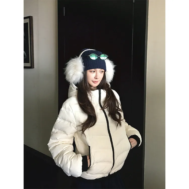 美式复古白色连帽排骨棉服女冬季新款防寒面包服加厚保暖棉衣棉袄