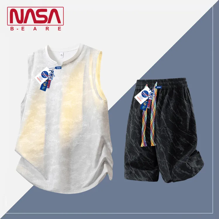 NASA联名美式扎染运动套装休闲无袖背心男士夏季透气坎肩短裤一套