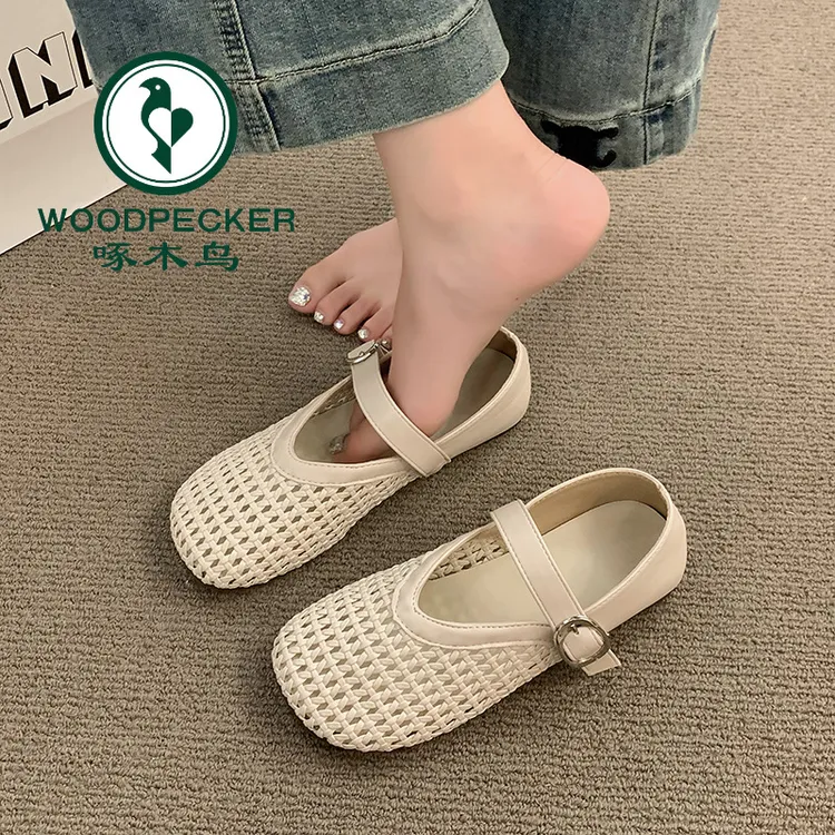 啄木鸟玛丽珍单鞋女2025夏季新款平底软底网面镂空编织渔网鞋凉鞋