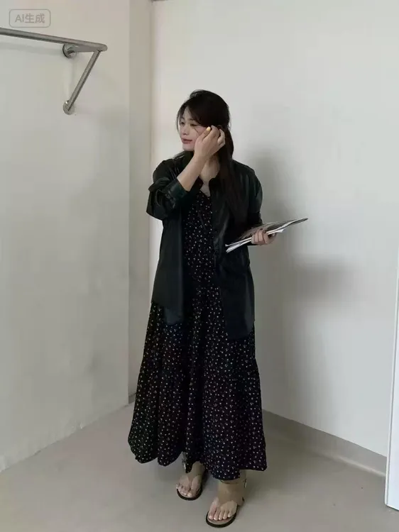 2025新款大码连衣裙圆点少女风包臀裙长裙时尚套装搭配皮衣微胖女