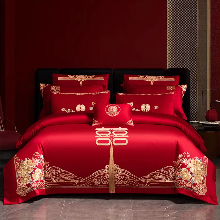 高端家纺喜庆红色纯棉全棉双喜龙凤被套床单新婚庆婚嫁被套四件套