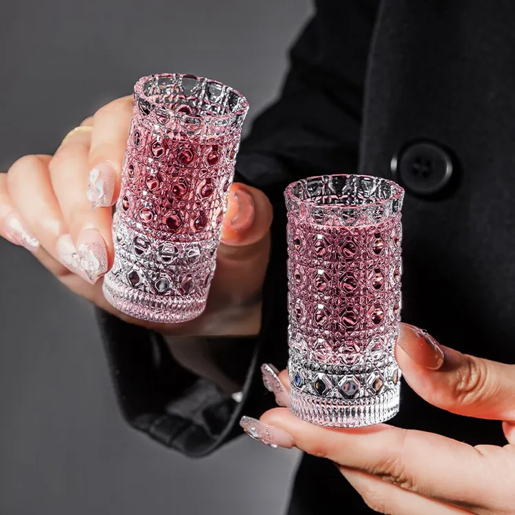 【9,9发12只】轻奢宝石纯色简约INS风锤纹杯浮雕酒直筒一口白酒酒杯