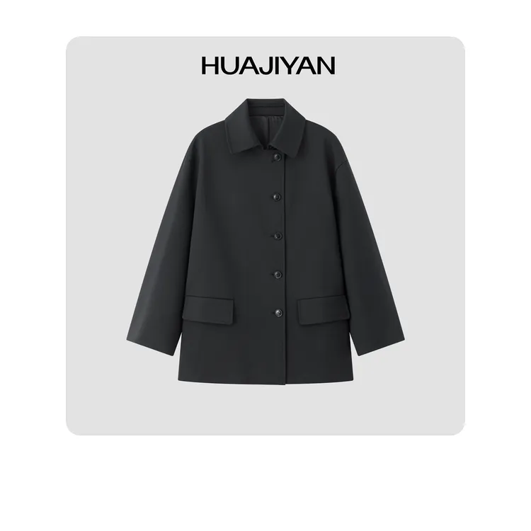华吉言/HUAJIYAN【德鲁纳】羊毛混纺中长款微茧型外套大衣