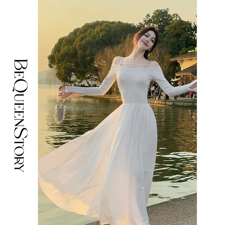 余潇潇【月光天鹅颈】轻奢设计感烫钻法式一字肩吊带连衣裙