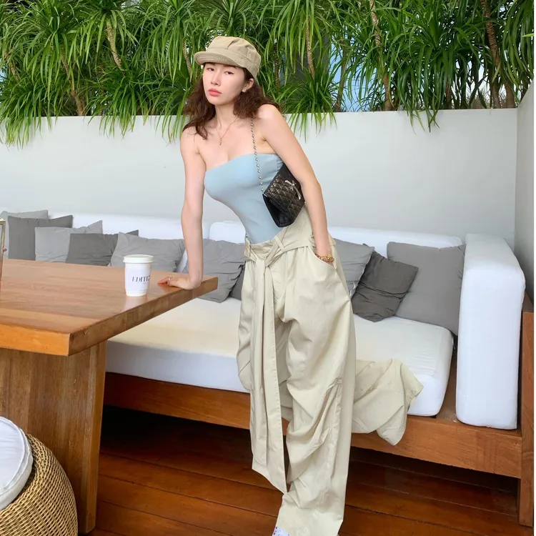 辣妹修身显瘦抹胸背心上衣女款夏季2025新款设计感高腰阔腿裤套装