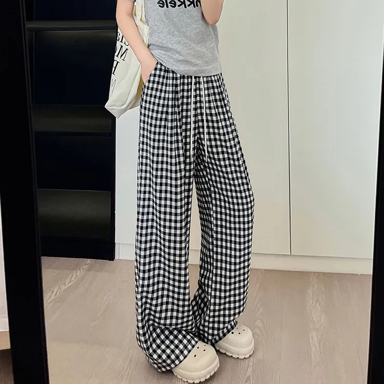 高质量爆款25年春夏黑白小个子阔腿裤女高腰宽松棋盘格子休闲裤女
